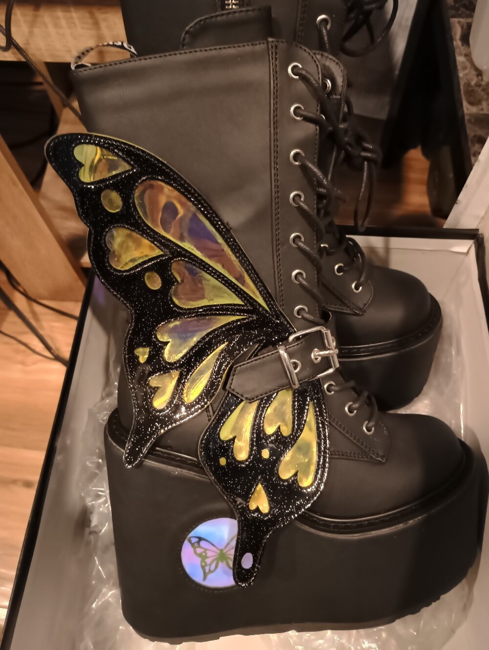 Demonia Black Platform Lace-Up Boots with Yellow Iridescent Butterfly Wings